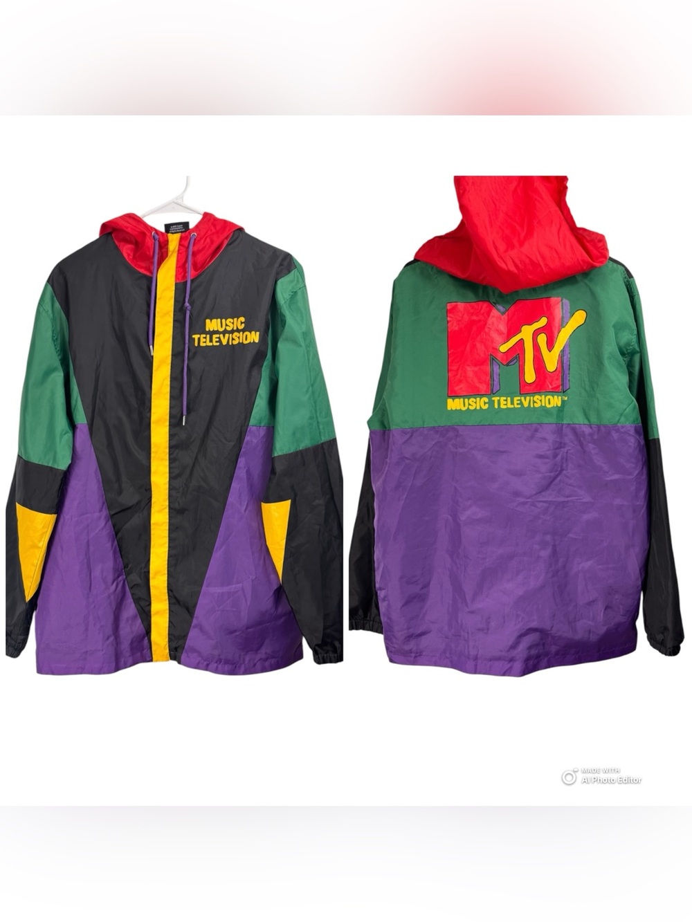 MTV Windbreaker Jacket Large Red Green Full Zip Hoodie Retro Music Colorblock